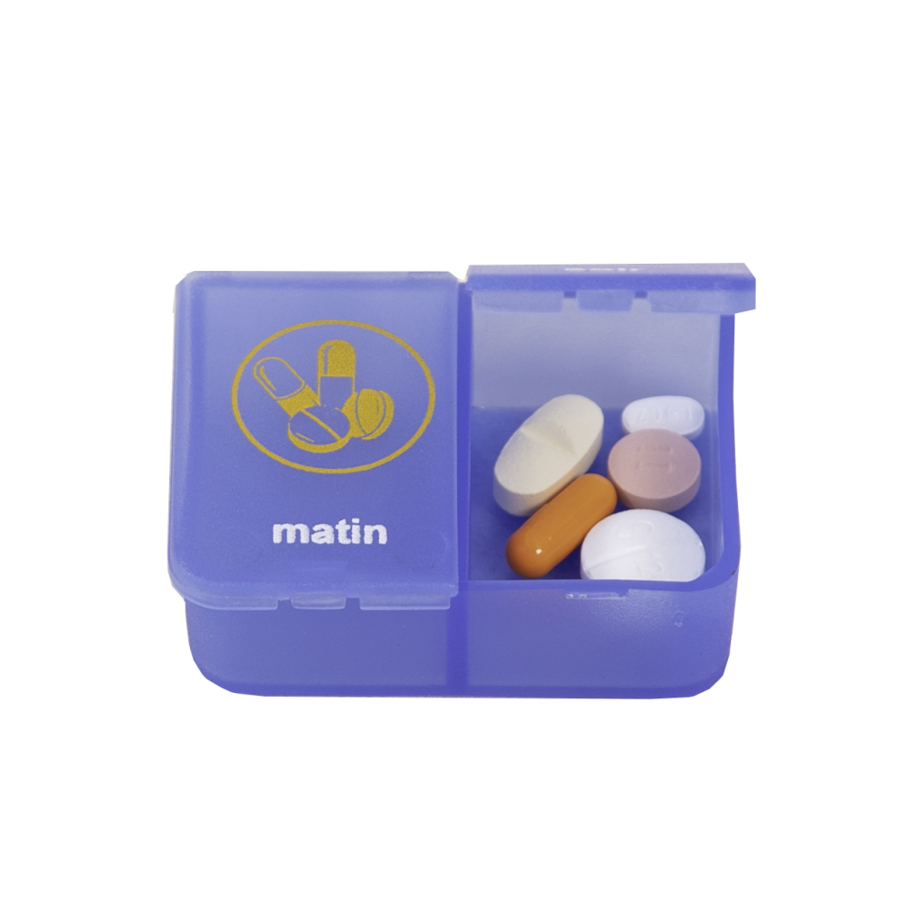Boîte à pilules 1 jour - 2 compartments transparent bleu FR